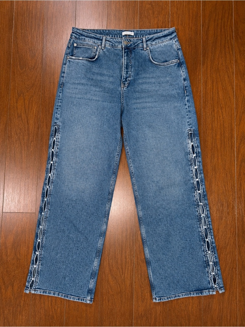 Maeve by Anthropologie Mid-Blue Wide-Leg Jeans with Side Pearl Detail Sz 33 NWOT